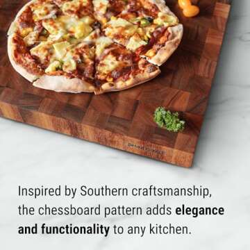 Shumaru 2-Inch Thick Large End-Grain Butcher Block Cutting Board – 19"x12" Tropical Walnut | Non-Slip Feet & Handles | Classic Charlston Chess Design