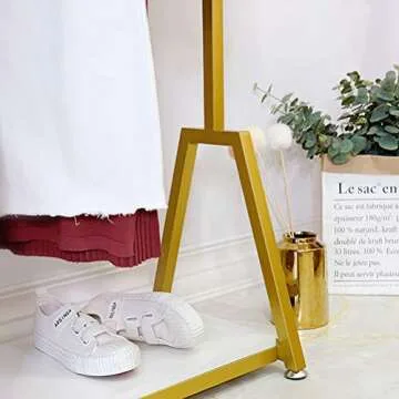 FONECHIN Modern Garment Rack with Wooden Shelves 47" Gold