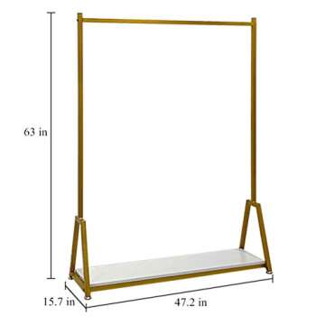 FONECHIN Retail Clothing Racks Modern Garment Rack with Wooden Shelves Iron Pipe Racks for Hanging Clothes Heavy Duty Wardrobe Closet Rack Gold 47"
