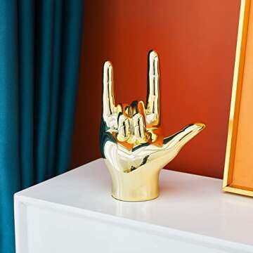 FJS Gold Decor Love Finger Gesture Statue, Modern Art Sculpture Home Decorations for Living Room Bedroom Shelf Coffee Table Centerpiece, Gifts for Couples 5.1" W x 7" H