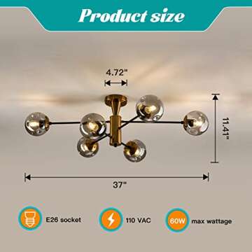 hesoge Modern Semi Flush Mount Ceiling Light Fixture 6-Light Sputnik Gold Chandelier with Glass Glob...