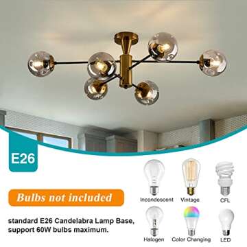 hesoge Modern Semi Flush Mount Ceiling Light Fixture 6-Light Sputnik Gold Chandelier with Glass Globe Mid Century Ceiling Lighting for Dinning Room Farmhouse Kitchen Bedroom Living Room.