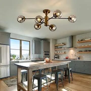 hesoge Modern Semi Flush Mount Ceiling Light Fixture 6-Light Sputnik Gold Chandelier with Glass Globe Mid Century Ceiling Lighting for Dinning Room Farmhouse Kitchen Bedroom Living Room.
