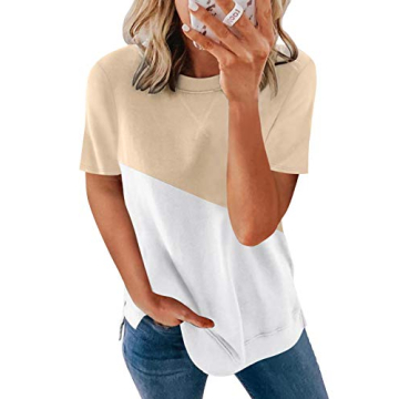 Biucly Women's Stylish Color Block Short Sleeve Tee