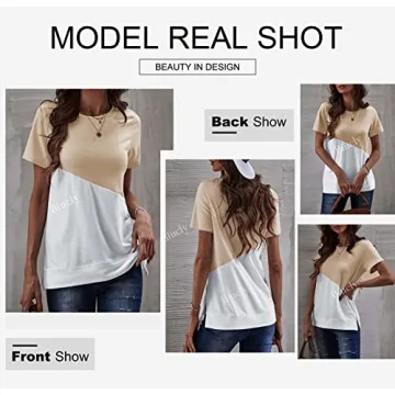 Biucly Women's Stylish Color Block Short Sleeve Tee