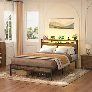 Homieasy Full Size Bed Frame with Charging Station and Led Lights, Industrial Platform Bed with Stor...