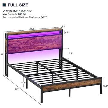 Homieasy Full Size Bed Frame with Charging Station and Led Lights, Industrial Platform Bed with Storage Headboard, Steel Slat Support, No Box Spring Needed, Noise-Free, Easy Assembly, Rustic Brown
