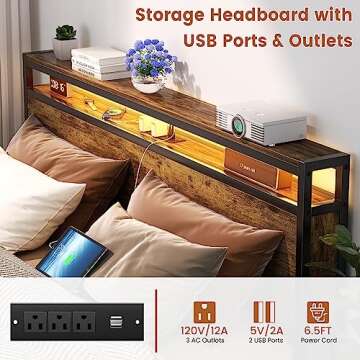 Homieasy Full Size Bed Frame with Charging Station and Led Lights, Industrial Platform Bed with Storage Headboard, Steel Slat Support, No Box Spring Needed, Noise-Free, Easy Assembly, Rustic Brown