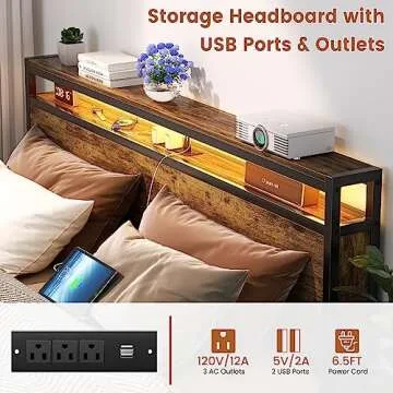 Homieasy Full Size Bed Frame with Charging Station and Led Lights, Industrial Platform Bed with Storage Headboard, Steel Slat Support, No Box Spring Needed, Noise-Free, Easy Assembly, Rustic Brown