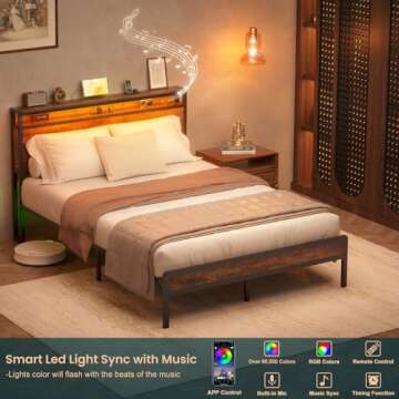 Homieasy Full Size Bed Frame with Charging Station and Led Lights, Industrial Platform Bed with Storage Headboard, Steel Slat Support, No Box Spring Needed, Noise-Free, Easy Assembly, Rustic Brown