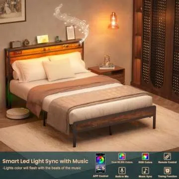 Homieasy Full Size Bed Frame with Charging Station and Led Lights, Industrial Platform Bed with Storage Headboard, Steel Slat Support, No Box Spring Needed, Noise-Free, Easy Assembly, Rustic Brown