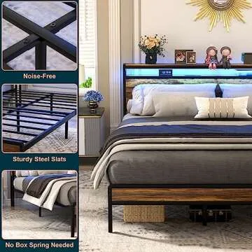 Homieasy Full Size Bed Frame with Charging Station and Led Lights, Industrial Platform Bed with Storage Headboard, Steel Slat Support, No Box Spring Needed, Noise-Free, Easy Assembly, Rustic Brown