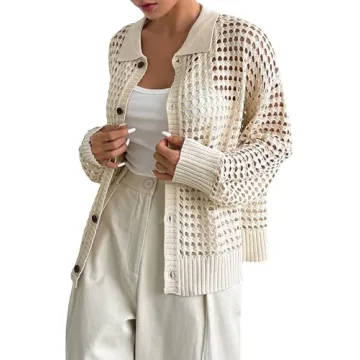 QWINEE Women's Cardigan Sweater Crochet Hollow Out Cardigan Long Sleeve Collar Neck Lightweight Sweater Button Front Knit Top Apricot XL