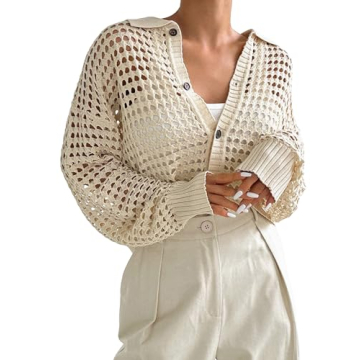 QWINEE Women's Cardigan Sweater Crochet Hollow Out Cardigan Long Sleeve Collar Neck Lightweight Sweater Button Front Knit Top Apricot XL