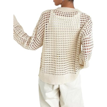 QWINEE Women's Cardigan Sweater Crochet Hollow Out Cardigan Long Sleeve Collar Neck Lightweight Sweater Button Front Knit Top Apricot XL