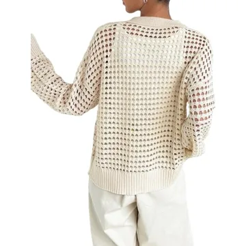 QWINEE Women's Cardigan Sweater Crochet Hollow Out Cardigan Long Sleeve Collar Neck Lightweight Sweater Button Front Knit Top Apricot XL