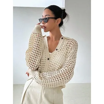 QWINEE Women's Cardigan Sweater Crochet Hollow Out Cardigan Long Sleeve Collar Neck Lightweight Sweater Button Front Knit Top Apricot XL