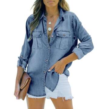 Runcati Women’s Button Down Denim Shirt – Casual Oversized Style