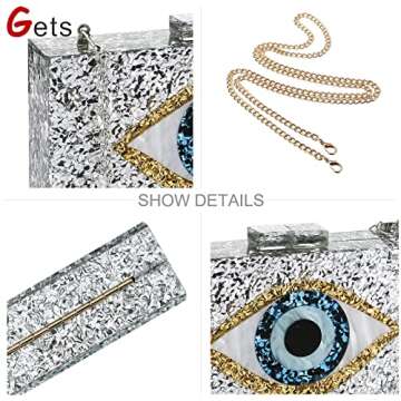 Acrylic Purses and Handbags for Women Eyes Multicolor Perspex Box Clutch Elegant Banquet Evening Handbags Crossbody Bag (Silver)