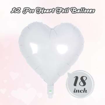 12 Pcs White Heart Balloons,18 Inch Heart Foil Balloons Love Balloons Valentine Balloons for Birthda...