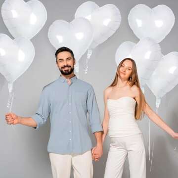 12 White Heart Foil Balloons for Parties & Weddings