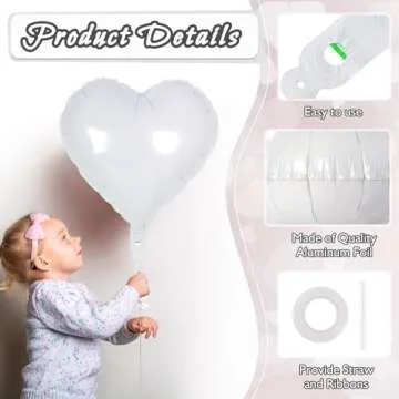 12 White Heart Foil Balloons for Parties & Weddings