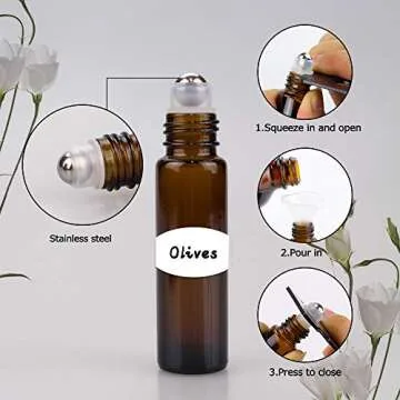 sungwoo 12 Pack Essential Oil Roller Bottles Stainless Steel, 10ml Amber Glass Roller Bottles with Caps for Travel, Perfume and Lip Gloss