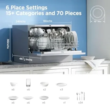 Midea MDC22P2ASS Energy Star Portable Dishwasher, 6 Place Settings & 6+2 Washing Programs.Most of The Cleaning Cycles, Including Auto, Heavy, Normal, Delicate, ECO, Quick and Rinse, White