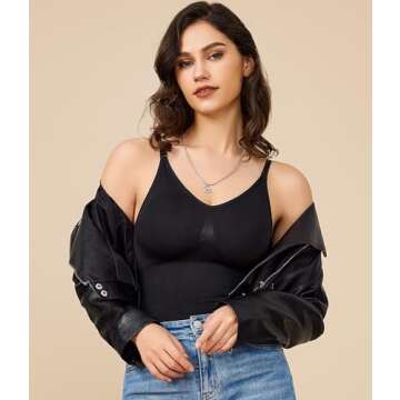 BRABIC Bodysuit Shapewear for Women Tummy Control Panties Seamless Sleeveless Tops V-Neck Camisole Jumpsuit(Black Thong, Medium/Large)