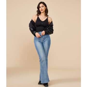 BRABIC Bodysuit Shapewear for Women Tummy Control Panties Seamless Sleeveless Tops V-Neck Camisole Jumpsuit(Black Thong, Medium/Large)