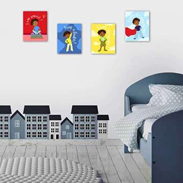 FRAMED Black Boys Bedroom Canvas Wall Art | Motivational Wall Decor for Toddler Boys | Inspirational Room Decor for Teen Boys | Kids Wall Art | Picture for Little Boys | 8” x10” x4 PCS (FRAMED)