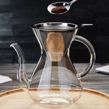 Unbreakable Pour Over Coffee Maker with Double Stainless Filter 8-Cup, Thickened Heat-Resistant Borosilicate Glass Pour Over Coffee Dripper, Stovetop Safe