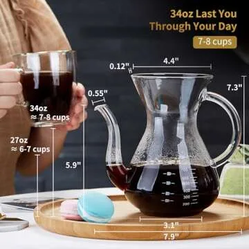 Unbreakable Pour Over Coffee Maker with Double Stainless Filter 8-Cup, Thickened Heat-Resistant Borosilicate Glass Pour Over Coffee Dripper, Stovetop Safe