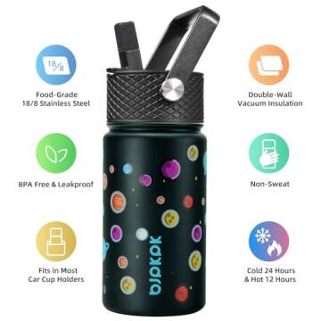 BJPKPK Water Bottle with Straw Lid, 15 oz Insulated Water Bottle, Stainless Steel Metal Water Bottles, Reusable Leak Proof BPA Free Thermos, Flask, Cups, Planets