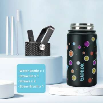 BJPKPK Water Bottle with Straw Lid, 15 oz Insulated Water Bottle, Stainless Steel Metal Water Bottles, Reusable Leak Proof BPA Free Thermos, Flask, Cups, Planets