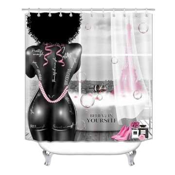 4PCS African American Black Girl Shower Curtain Set, Pink Eiffel Tower Sexy Black Woman Afro Girl Bl...