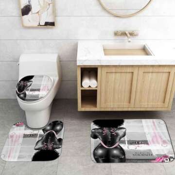 4PCS African American Black Girl Shower Curtain Set, Pink Eiffel Tower Sexy Black Woman Afro Girl Black and White Fashion Glam Modern Bathroom Decor, Non-Slip Bath Mat, Inspirational Gifts for Women