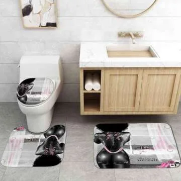 4PCS African American Black Girl Shower Curtain Set, Pink Eiffel Tower Sexy Black Woman Afro Girl Black and White Fashion Glam Modern Bathroom Decor, Non-Slip Bath Mat, Inspirational Gifts for Women