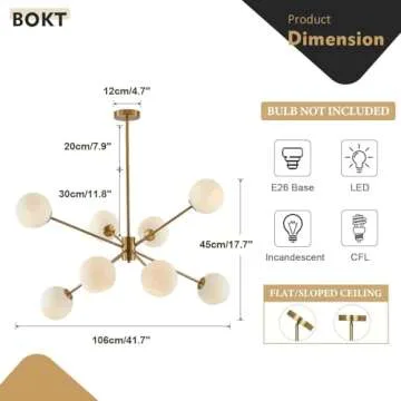 BOKT 8 Lights Gold Globe Sputnik Chandelier Vintage Milk Glass Chandelier Light Fixture Large Modern Sputnik Pendant Lights Kitchen Island Mid Century Brushed Brass Bedroom Ball Hanging