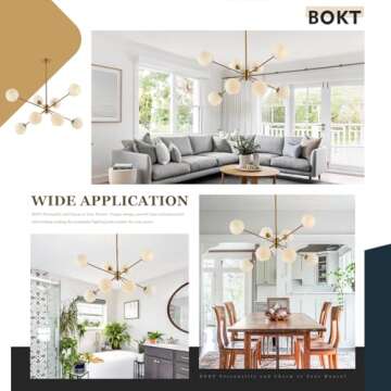 BOKT 8 Lights Gold Globe Sputnik Chandelier Vintage Milk Glass Chandelier Light Fixture Large Modern Sputnik Pendant Lights Kitchen Island Mid Century Brushed Brass Bedroom Ball Hanging