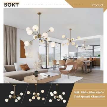 BOKT 8 Lights Gold Globe Sputnik Chandelier Vintage Milk Glass Chandelier Light Fixture Large Modern Sputnik Pendant Lights Kitchen Island Mid Century Brushed Brass Bedroom Ball Hanging