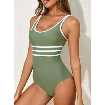 Aleumdr One Piece Bathing Suit for Women Athletic Swimsuit High Waisted Training Slimming Swimwear Green Small