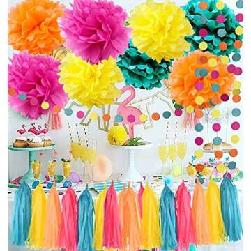 Fiesta or Mexican Party/Moana Color Party Supplies Moana Theme Birthday Decorations/Teal Orange Yellow Fuchsia Tissue Paper Pom Pom Summer Tropical Party Decorations/Hawaiiian Luau Party Supplies