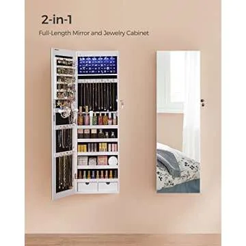 SONGMICS Hanging Jewelry Cabinet, Wall-Mounted Cabinet with LED Interior Lights, Door-Mounted Jewelry Organizer, Full-Length Mirror, Gift Idea, White UJJC99WT