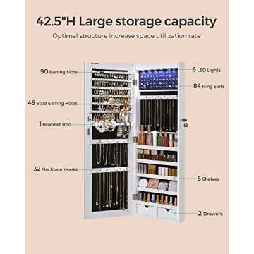 SONGMICS Hanging Jewelry Cabinet, Wall-Mounted Cabinet with LED Interior Lights, Door-Mounted Jewelry Organizer, Full-Length Mirror, Gift Idea, White UJJC99WT