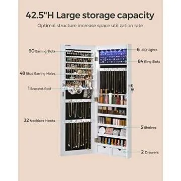SONGMICS Hanging Jewelry Cabinet, Wall-Mounted Cabinet with LED Interior Lights, Door-Mounted Jewelry Organizer, Full-Length Mirror, Gift Idea, White UJJC99WT