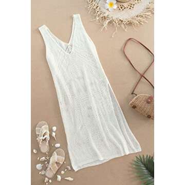 CUPSHE Women's Hollow Out Sleeveless V Neck Swimsuit Cover Up Crochet Long Knit Beach Bikini Coverups White Large