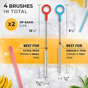 Heavy Duty Cleaning Brushes Set of 4 - Extra Long Straw Cleaners for Metal and Plastic Reusable Drin...