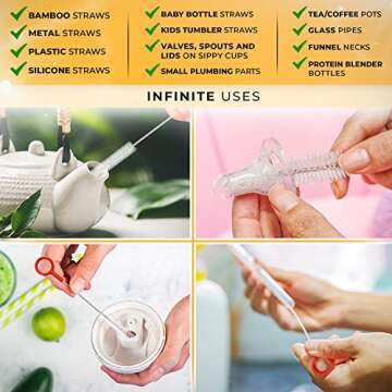 Heavy Duty Cleaning Brushes Set of 4 - Extra Long Straw Cleaners for Metal and Plastic Reusable Drinking Straws, to Clean Small Spaces, Sippy Cups, Water Bottles - Sturdy Hard Brush Bristles