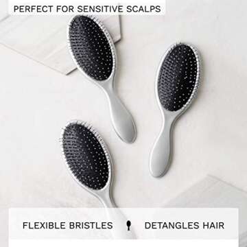 Silver Detangling Hairbrush, Great for Hair Extensions, Use on Wet or Dry Hair (3 Pack)